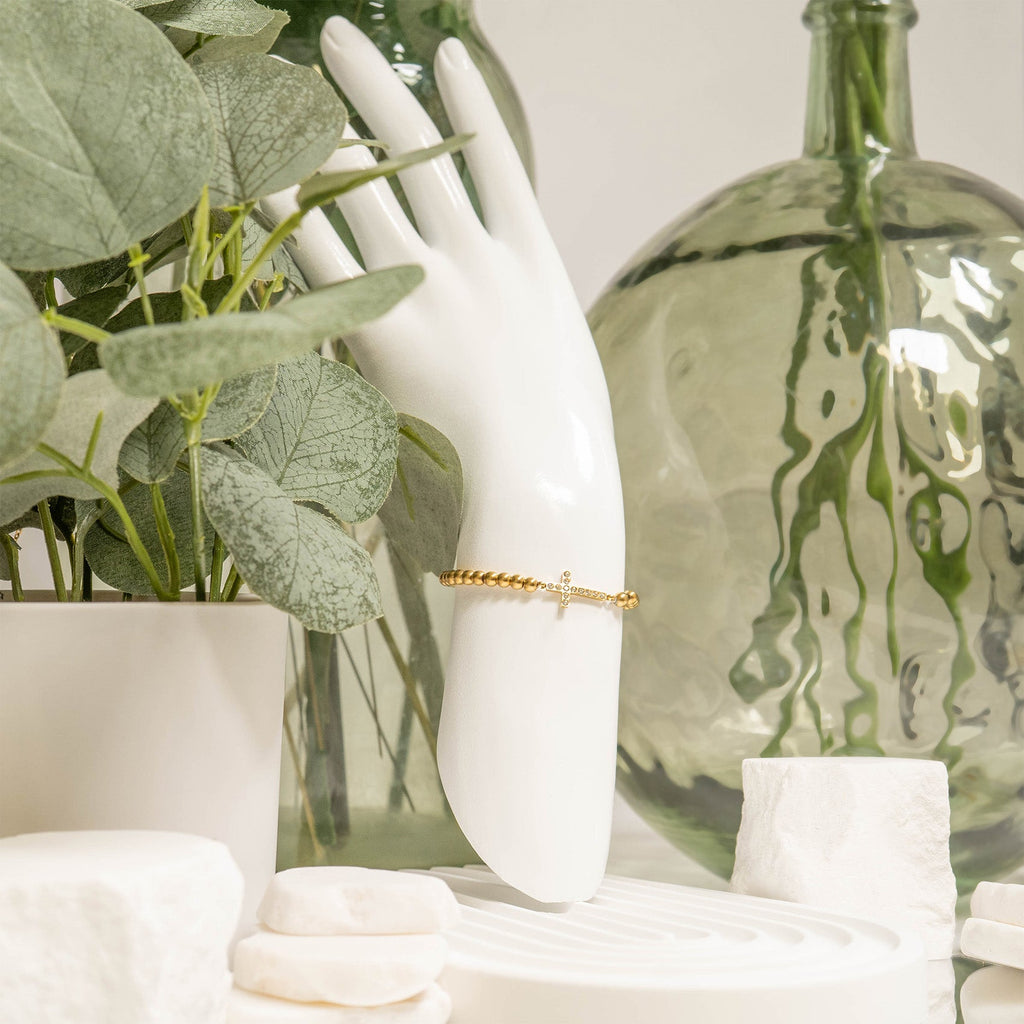 Gold Beaded Bracelet – Adjustable Stretch Band with Stone Cross Charm