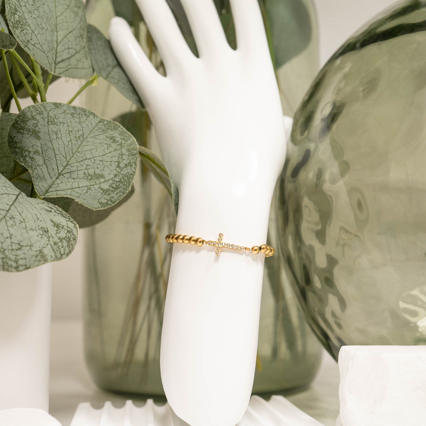 Gold Beaded Bracelet – Adjustable Stretch Band with Stone Cross Charm