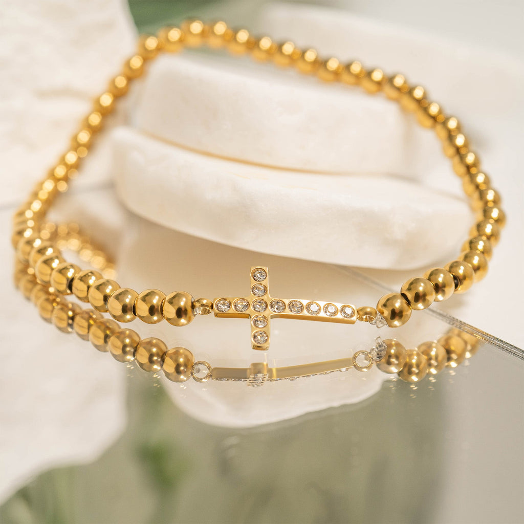 Gold Beaded Bracelet – Adjustable Stretch Band with Stone Cross Charm