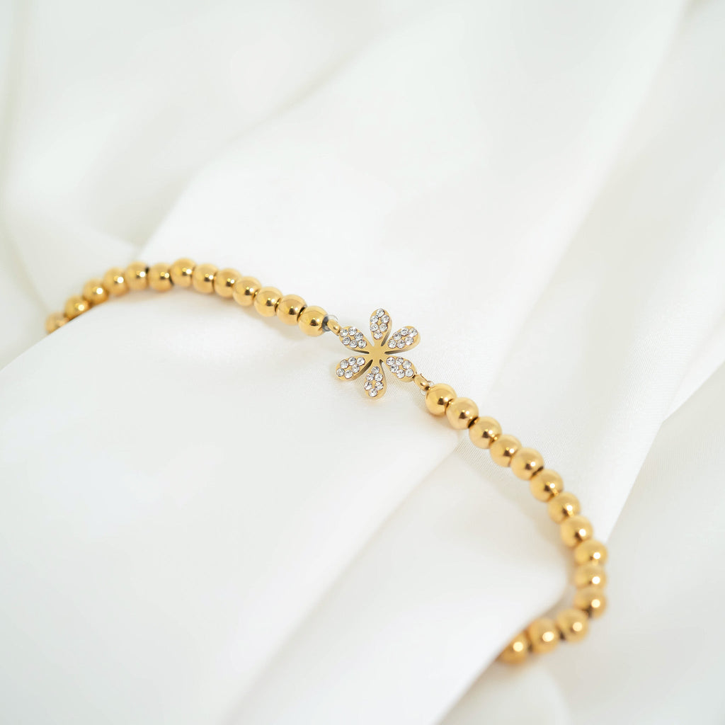 Gold Beaded Bracelet – 18K Gold Stretch Bracelet With Flower Charm