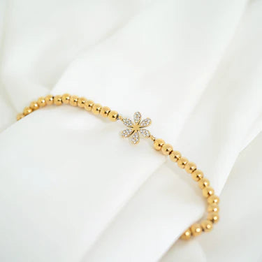 18K Gold PVD Stainless Steel Stone Flower Metal Beaded Stretch Bracelet