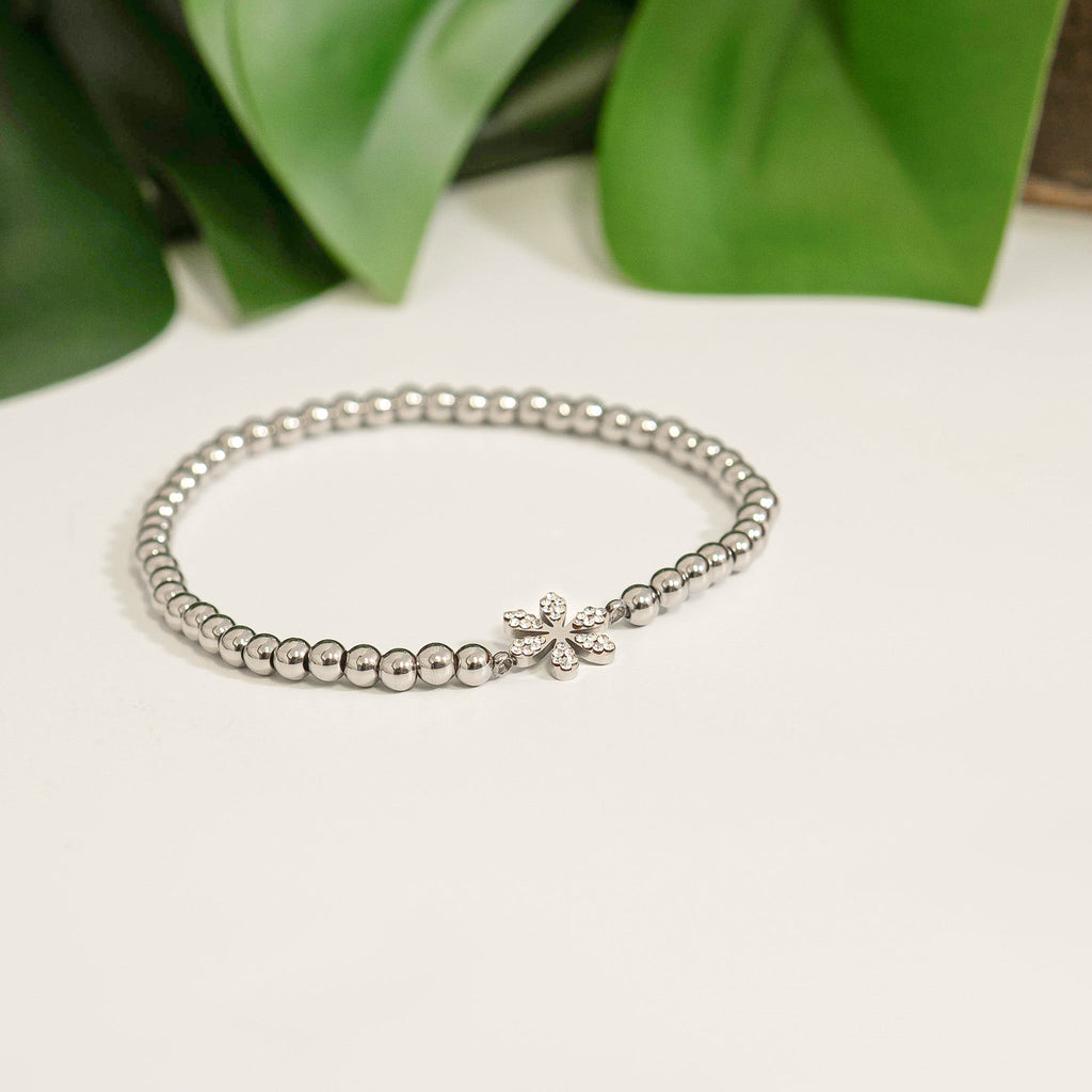 Gold Beaded Bracelet – 18K Gold Stretch Bracelet With Flower Charm