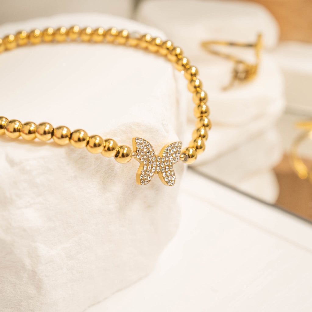 Gold Beaded Bracelet – Adjustable Stretch With Butterfly Charm | Stainless Steel Jewelry