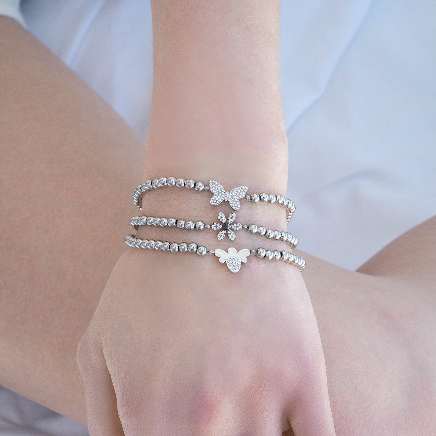 Gold Beaded Bracelet – Adjustable Stretch With Butterfly Charm | Stainless Steel Jewelry