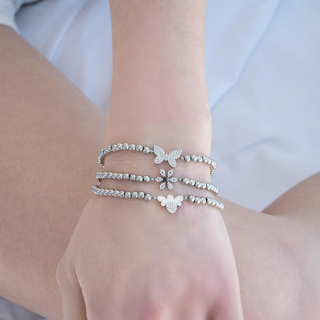 Gold Beaded Bracelet – 18K Gold Stretch Bracelet With Flower Charm