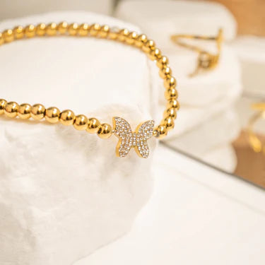 18K Gold PVD Stainless Steel Stone Butterfly Metal Beaded Stretch Bracelet