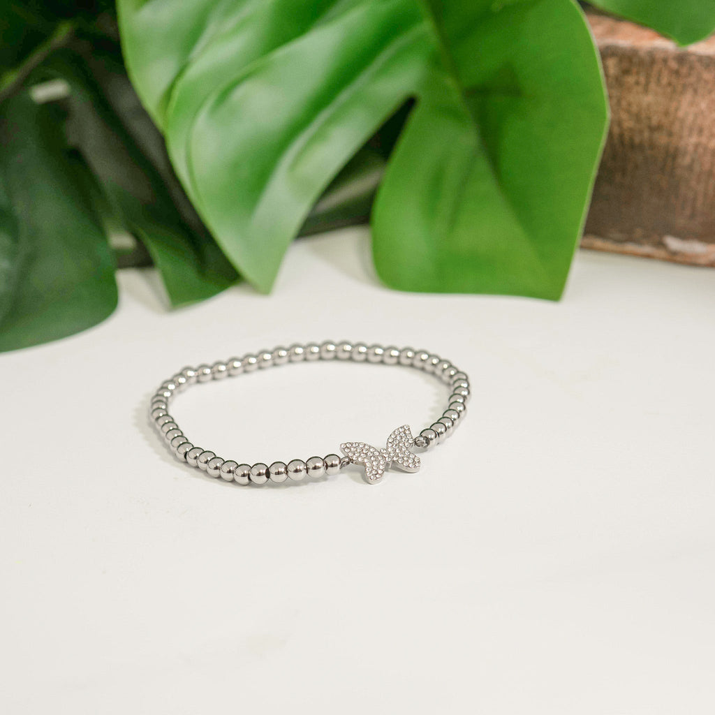 Gold Beaded Bracelet – Adjustable Stretch With Butterfly Charm | Stainless Steel Jewelry