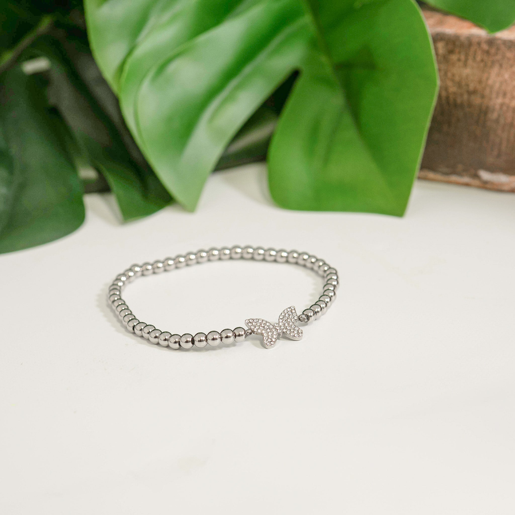 Gold Beaded Bracelet – Adjustable Stretch With Butterfly Charm | Stainless Steel Jewelry