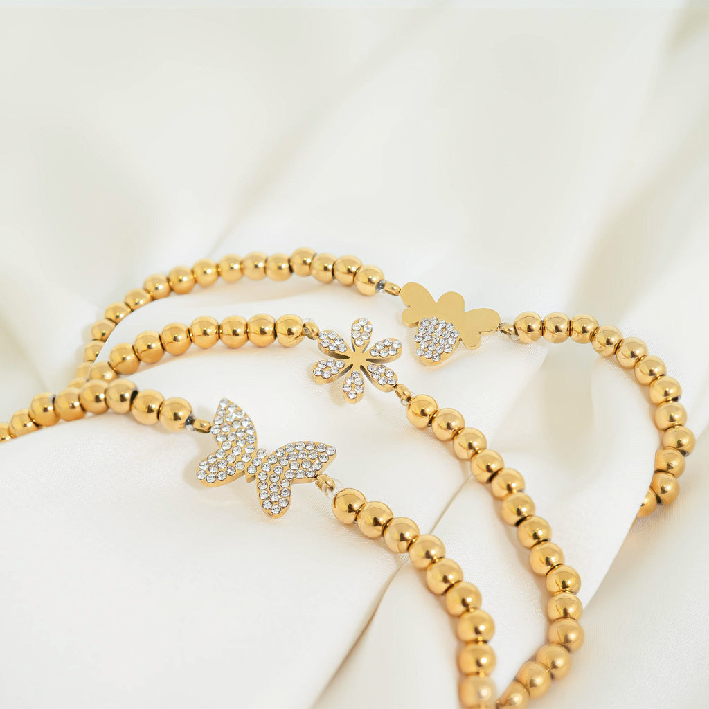 Gold Beaded Bracelet – 18K Gold Stretch Bracelet With Flower Charm