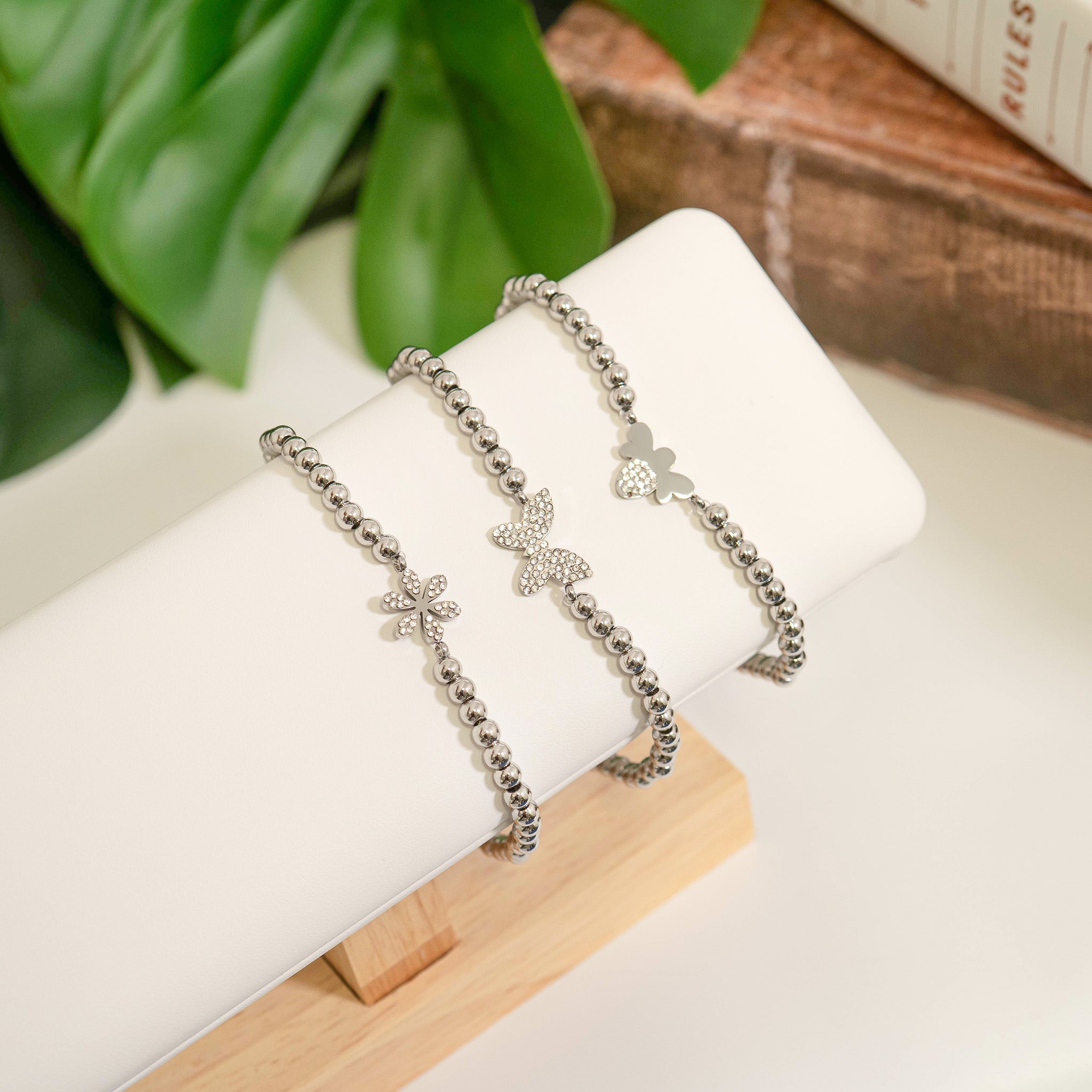 Gold Beaded Bracelet – Adjustable Stretch With Butterfly Charm | Stainless Steel Jewelry