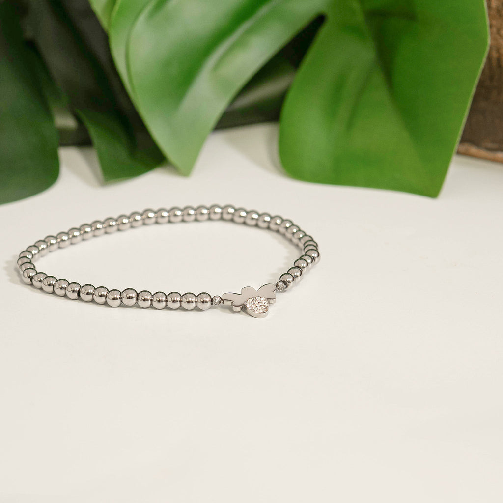 18K Gold PVD Stainless Steel Stone Bee Metal Beaded Stretch Bracelet