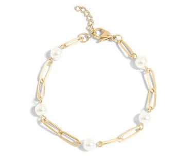 18K Gold PVD Stainless Steel Station Pearl Paperclip Bracelet