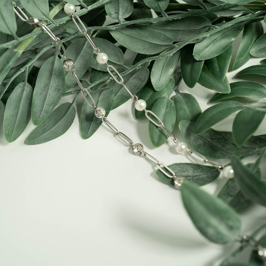 Stainless Steel Paperclip Chain and Pearl Station Necklace