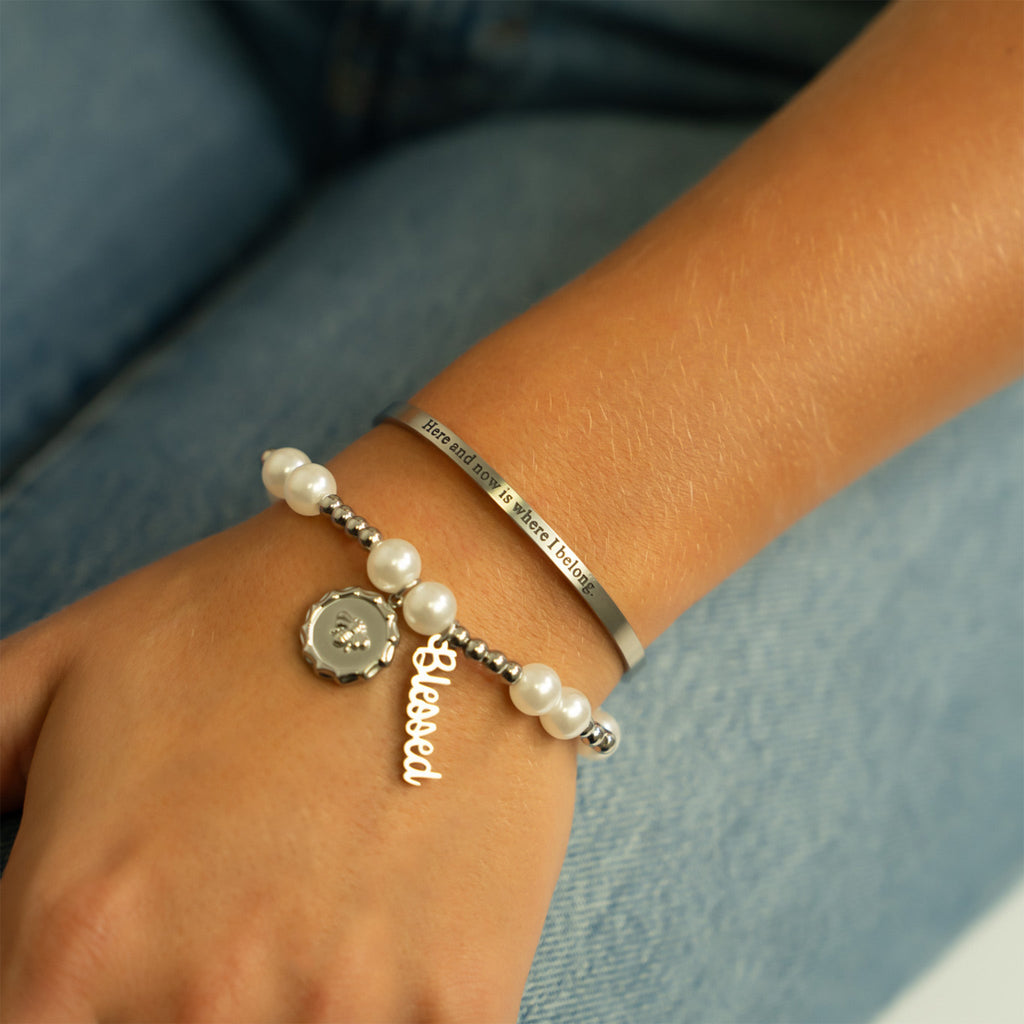 8mm Kiska Glass Pearl Stretch Bracelet, Bracelet with charms, Engraved Bangle Bracelet