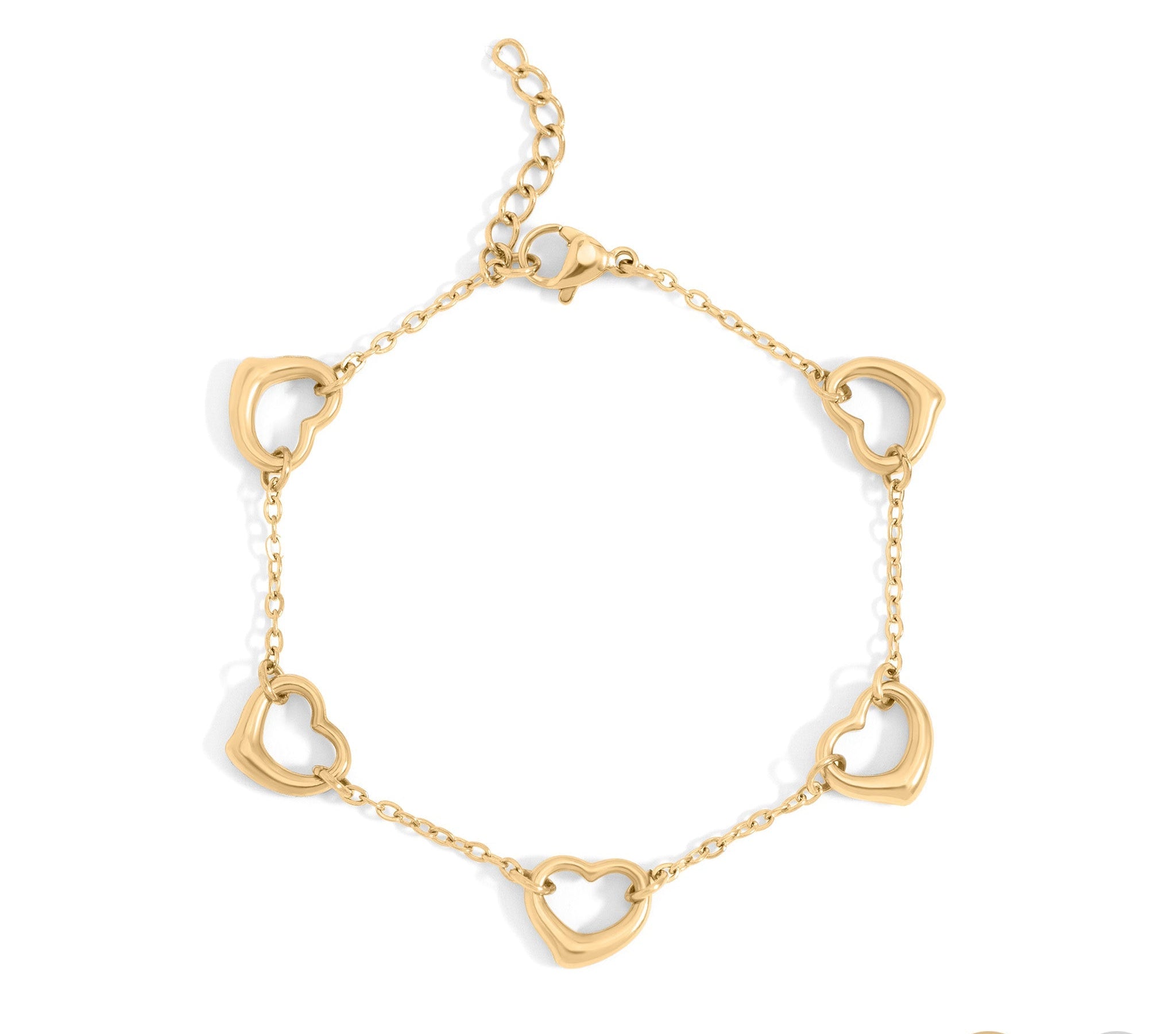 18K Gold Heart Bracelet – PVD Coated Stainless Steel Station Chain Jewelry