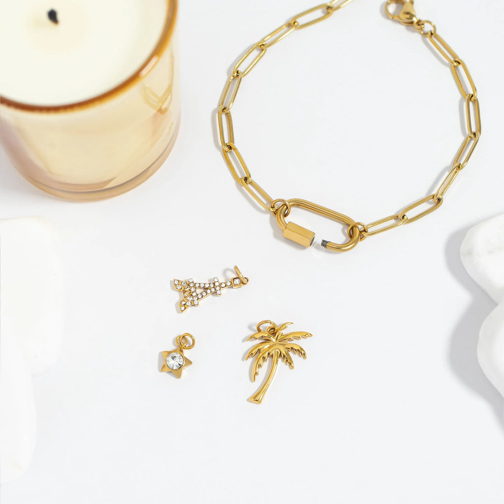 Gold Charms and Charm Holder Bracelet with carabiner