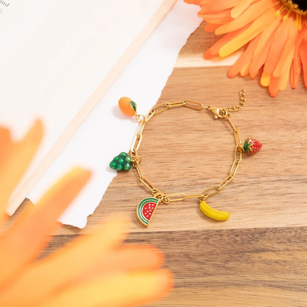 Fruit Charm Bracelet – 18K Gold Stainless Steel, Hypoallergenic Jewelry Accessory