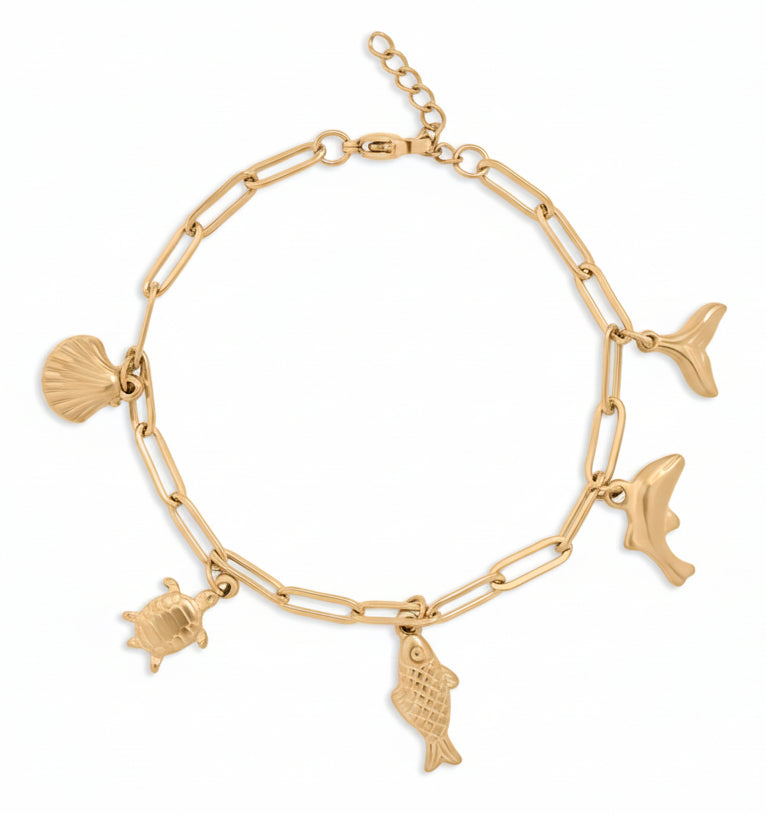 Gold Charm Bracelet – 18K PVD Stainless Steel Sea Charm Coastal Jewelry Gift