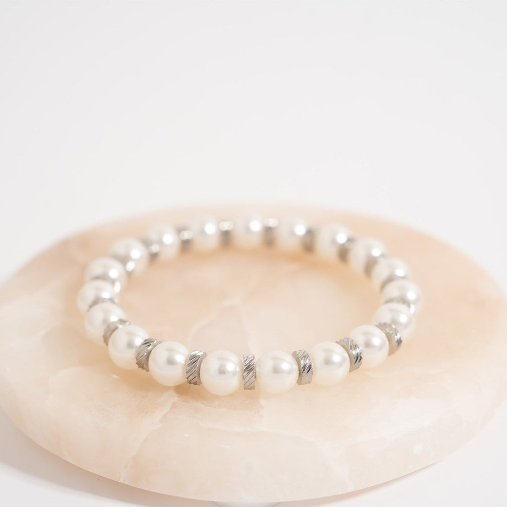 8mm Kiska Glass Pearl Stretch Bracelet with bangle bracelet