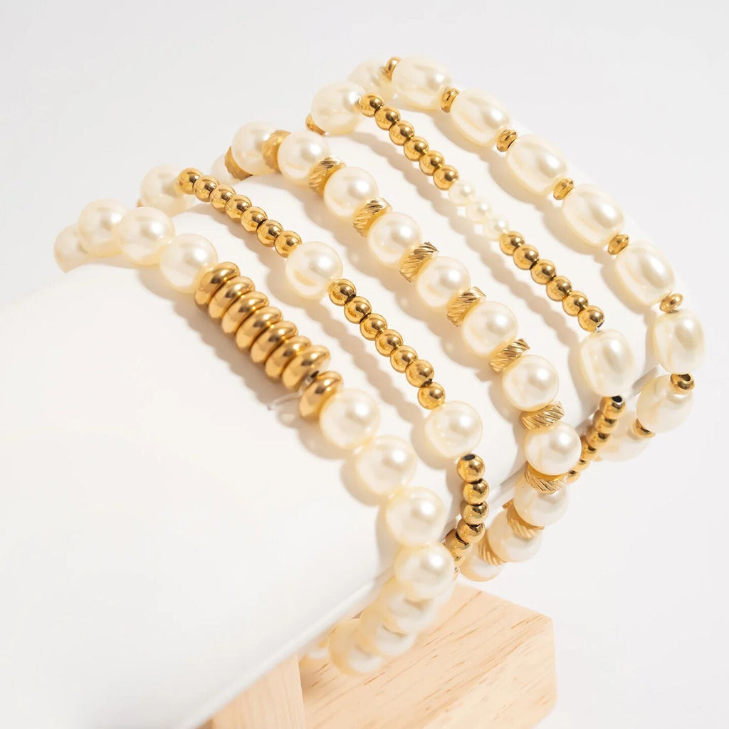 Gold Pearl Stretch Bracelet – 8mm Glass Pearls | Adjustable Fit | Tarnish Resistant Finish