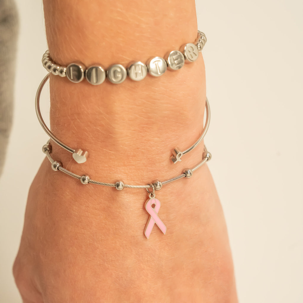 Cancer Ribbon Charm – 18K Gold Plated Stainless Steel Pink Enamel Breast Cancer Jewelry