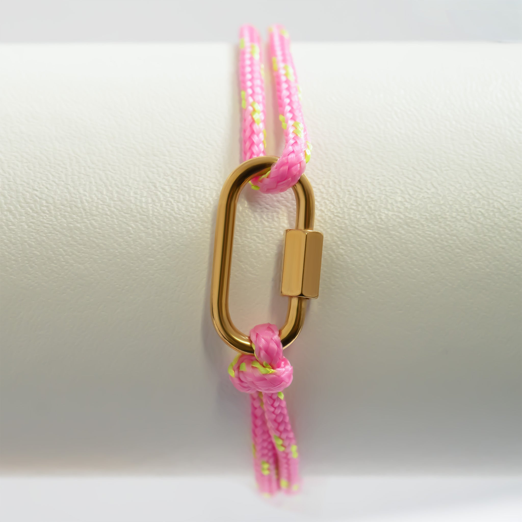 Gold / 18K Gold PVD Stainless Steel Pink Rope Carabiner Bracelet / BRJ109