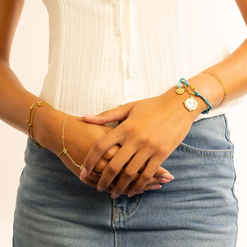 Gold Rope Bracelet – Adjustable Teal Charm Holder | 18K Gold Jewelry, Stainless Steel