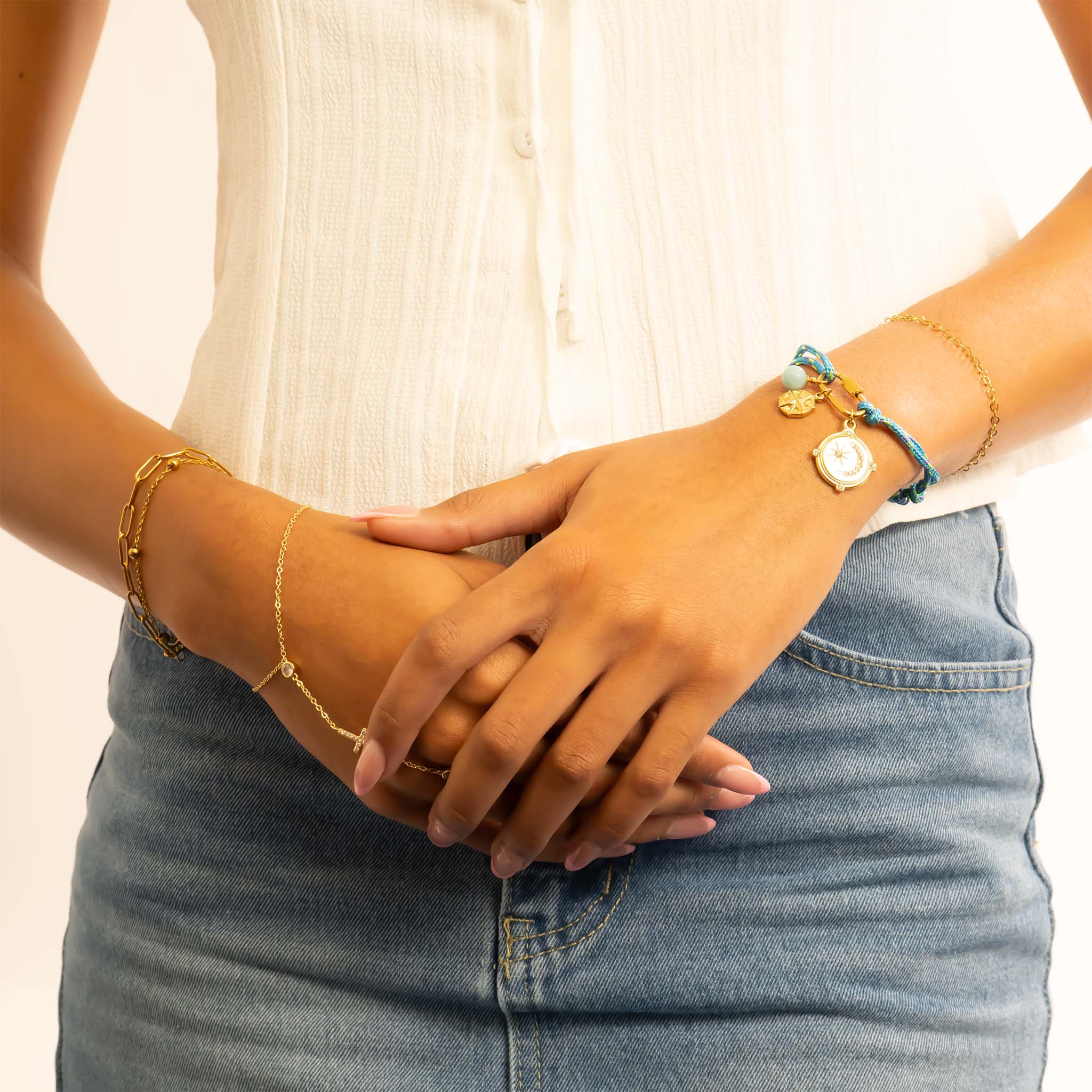 Gold Rope Bracelet – Adjustable Teal Charm Holder | 18K Gold Jewelry, Stainless Steel