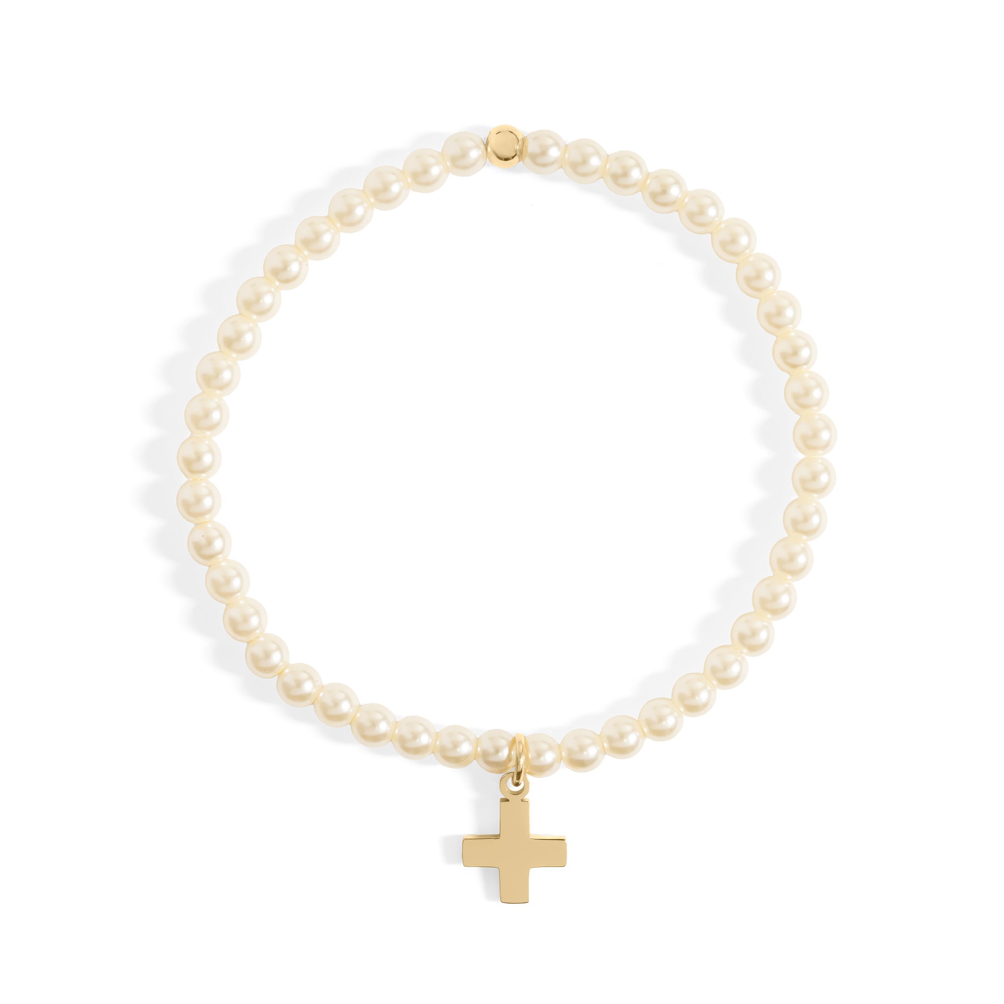 Gold Pearl Bracelet – Stretch Beaded Faux Pearl Jewelry with Gold Cross Charm