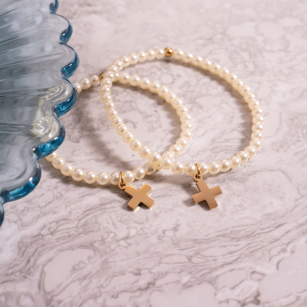 Gold Pearl Bracelet – Stretch Beaded Faux Pearl Jewelry with Gold Cross Charm