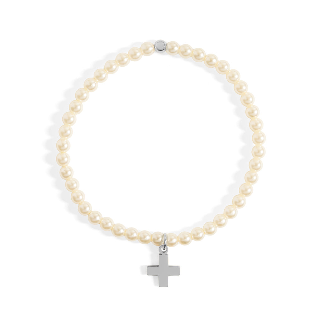 Gold Pearl Bracelet – Stretch Beaded Faux Pearl Jewelry with Gold Cross Charm