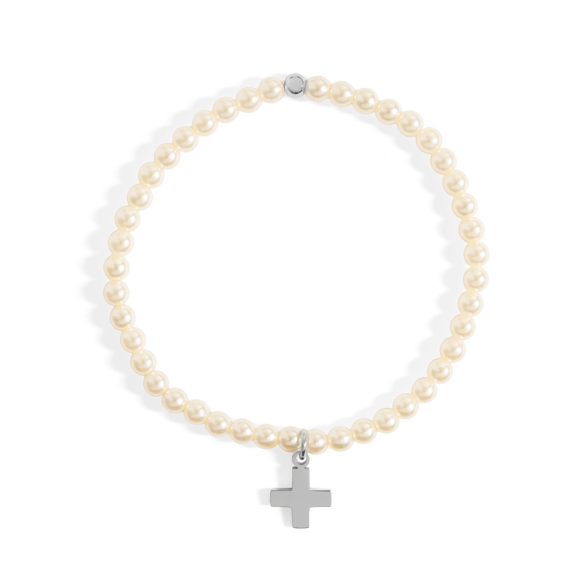 Gold Pearl Bracelet – Stretch Beaded Faux Pearl Jewelry with Gold Cross Charm