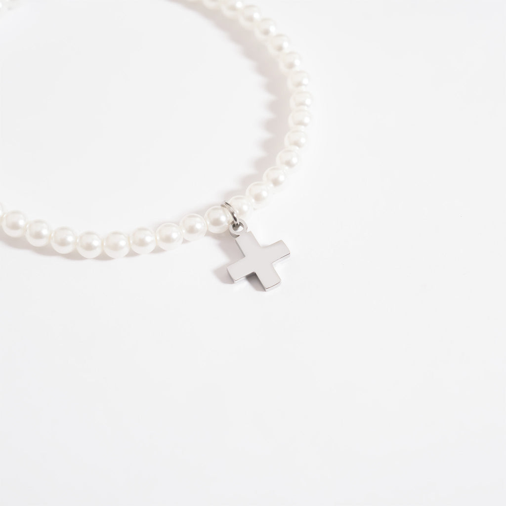 Gold Pearl Bracelet – Stretch Beaded Faux Pearl Jewelry with Gold Cross Charm