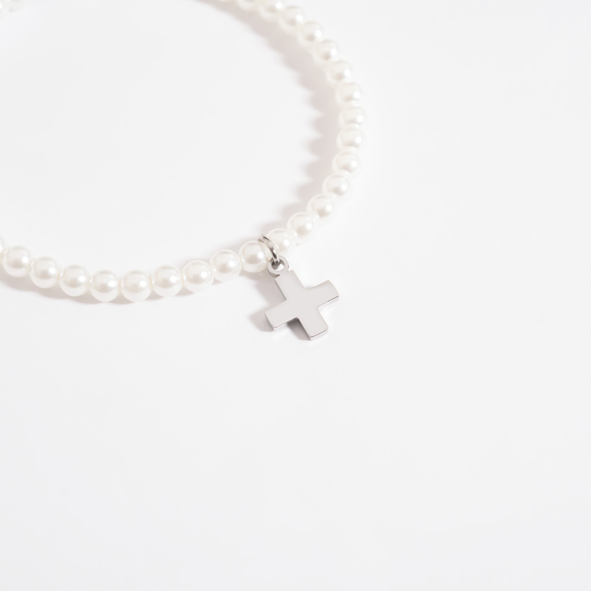 Gold Pearl Bracelet – Stretch Beaded Faux Pearl Jewelry with Gold Cross Charm