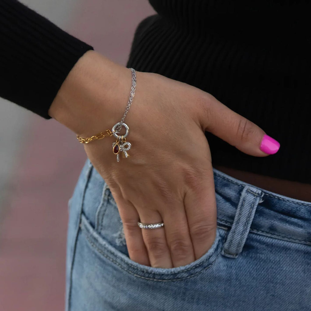 Mixed Metal Charm Bracelet – Adjustable Double Chain 18K Gold & Silver