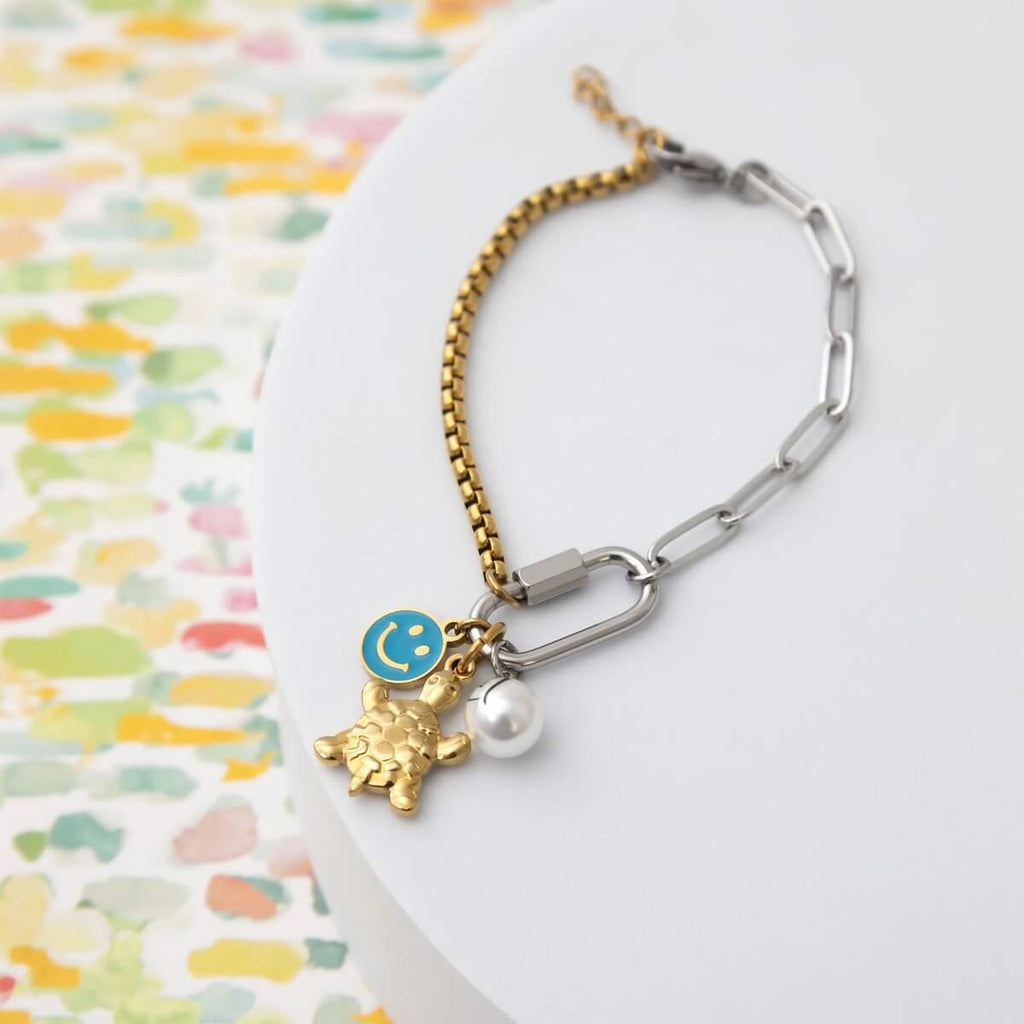 Mixed Metal Bracelet - Split Chain Paperclip Link With Carabiner Clasp, Adjustable Gold