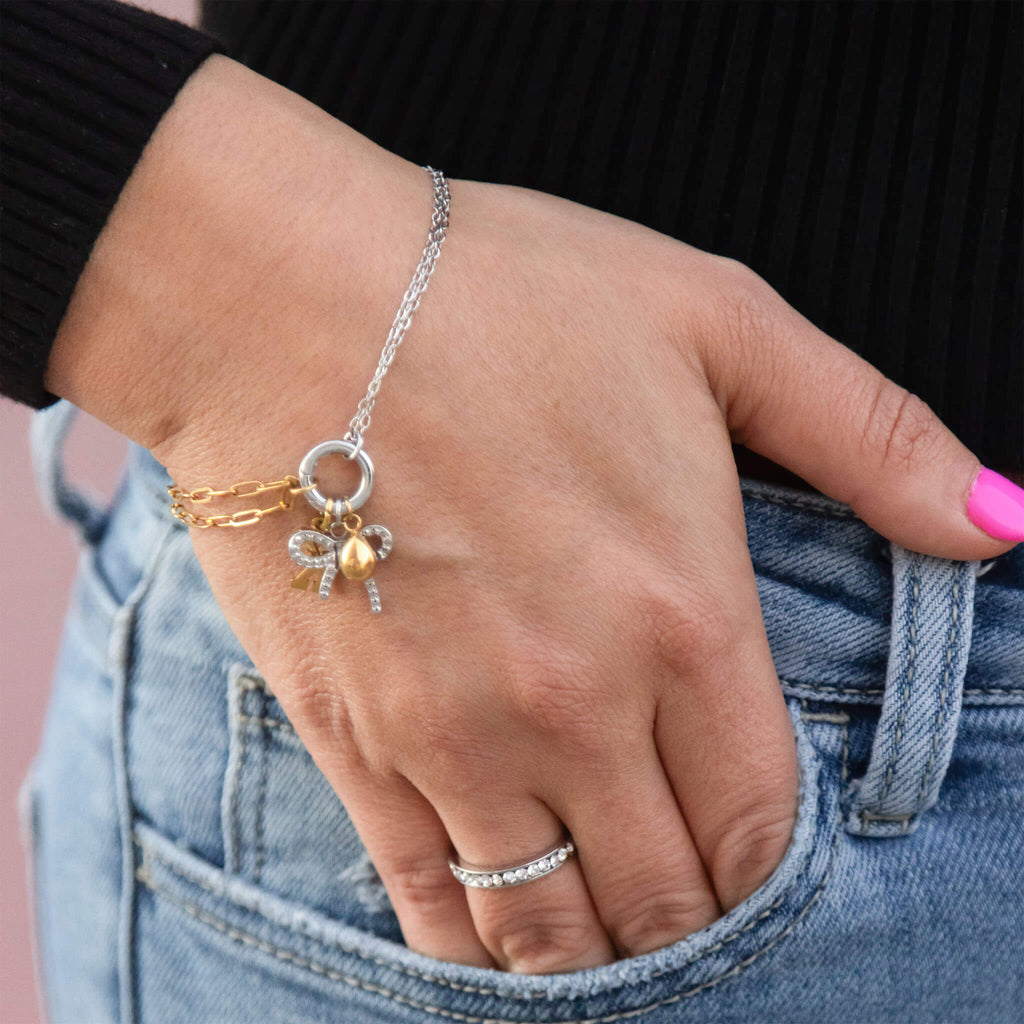 Mixed Metal Charm Bracelet – Adjustable Double Chain 18K Gold & Silver