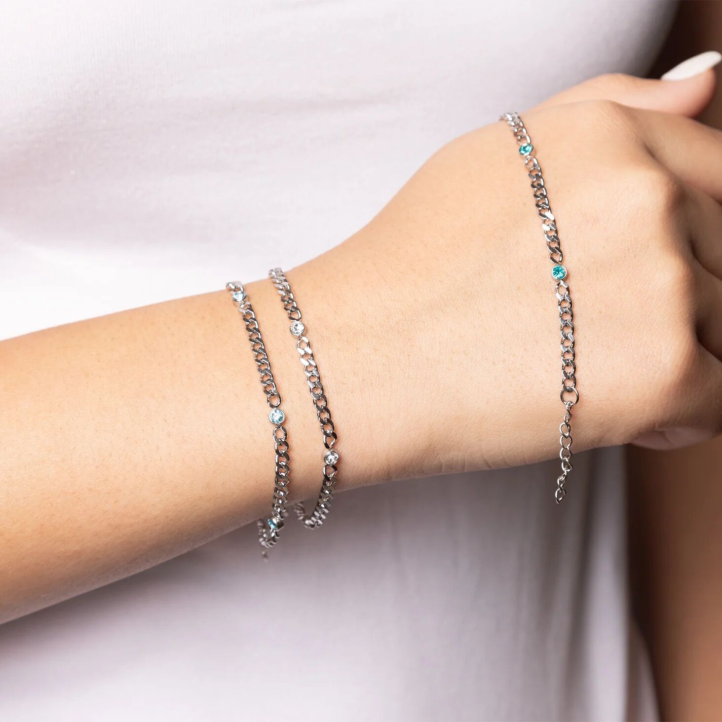 Stainless Steel Bracelet - Birthstone Station Link Adjustable Chain Jewelry