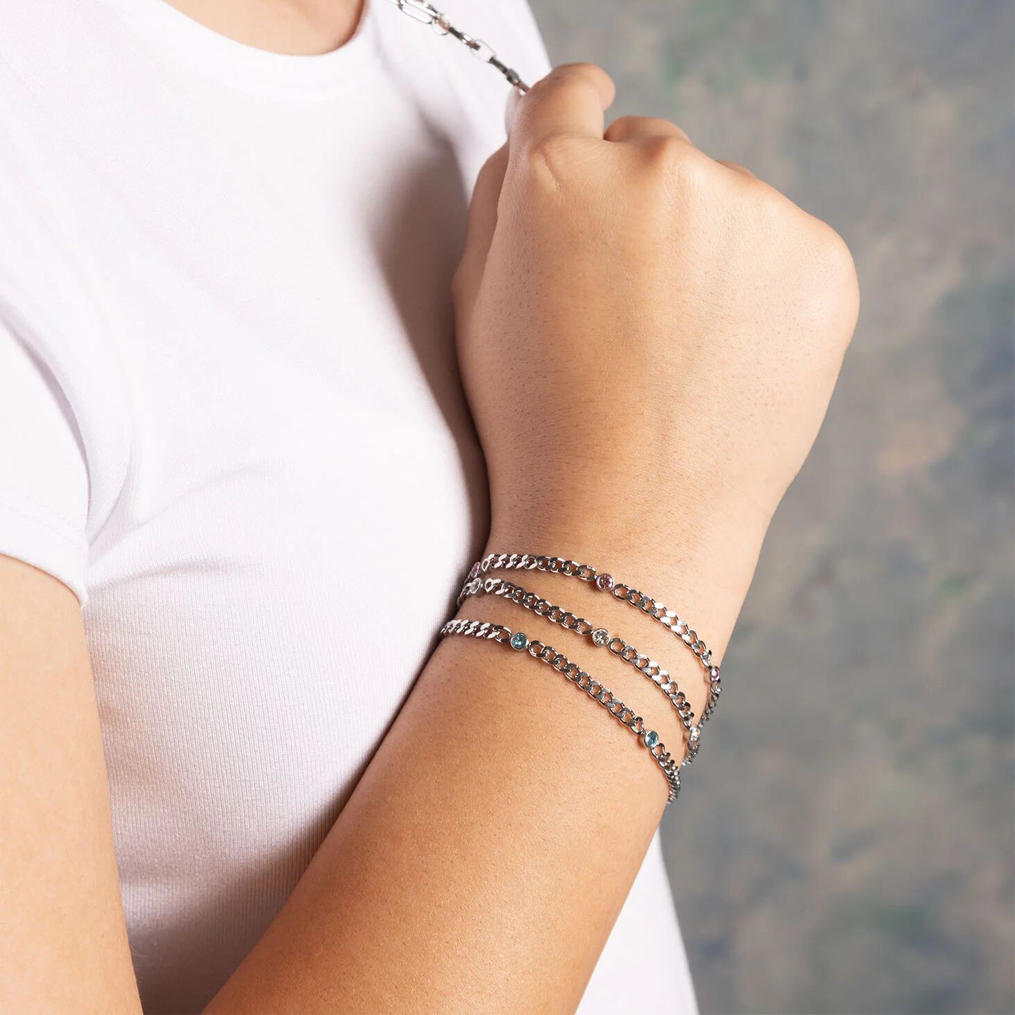 Stainless Steel Bracelet - Birthstone Station Link Adjustable Chain Jewelry