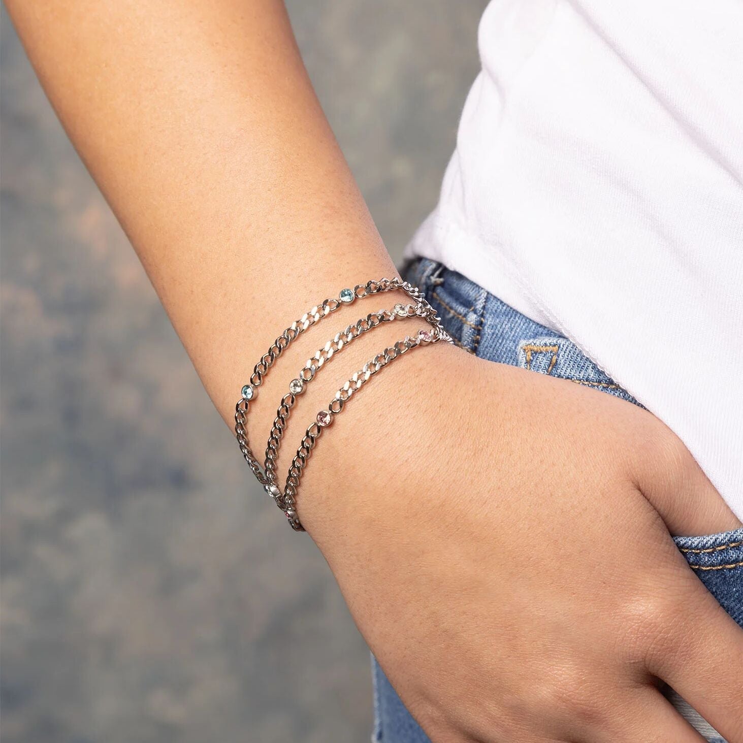 Stainless Steel Bracelet - Birthstone Station Link Adjustable Chain Jewelry