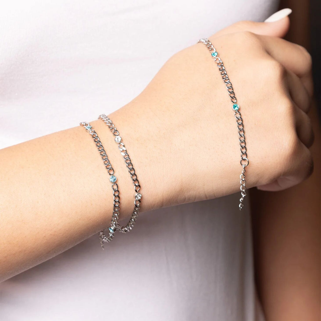 Stainless Steel Bracelet - Birthstone Station Link Adjustable Chain Jewelry