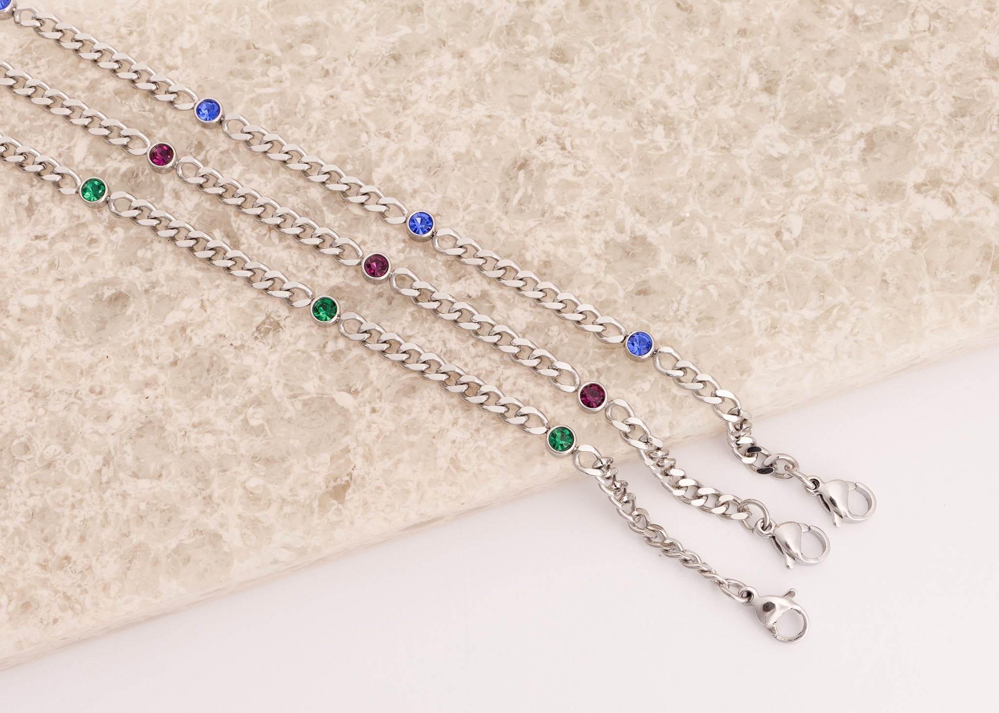 Stainless Steel Bracelet - Birthstone Station Link Adjustable Chain Jewelry