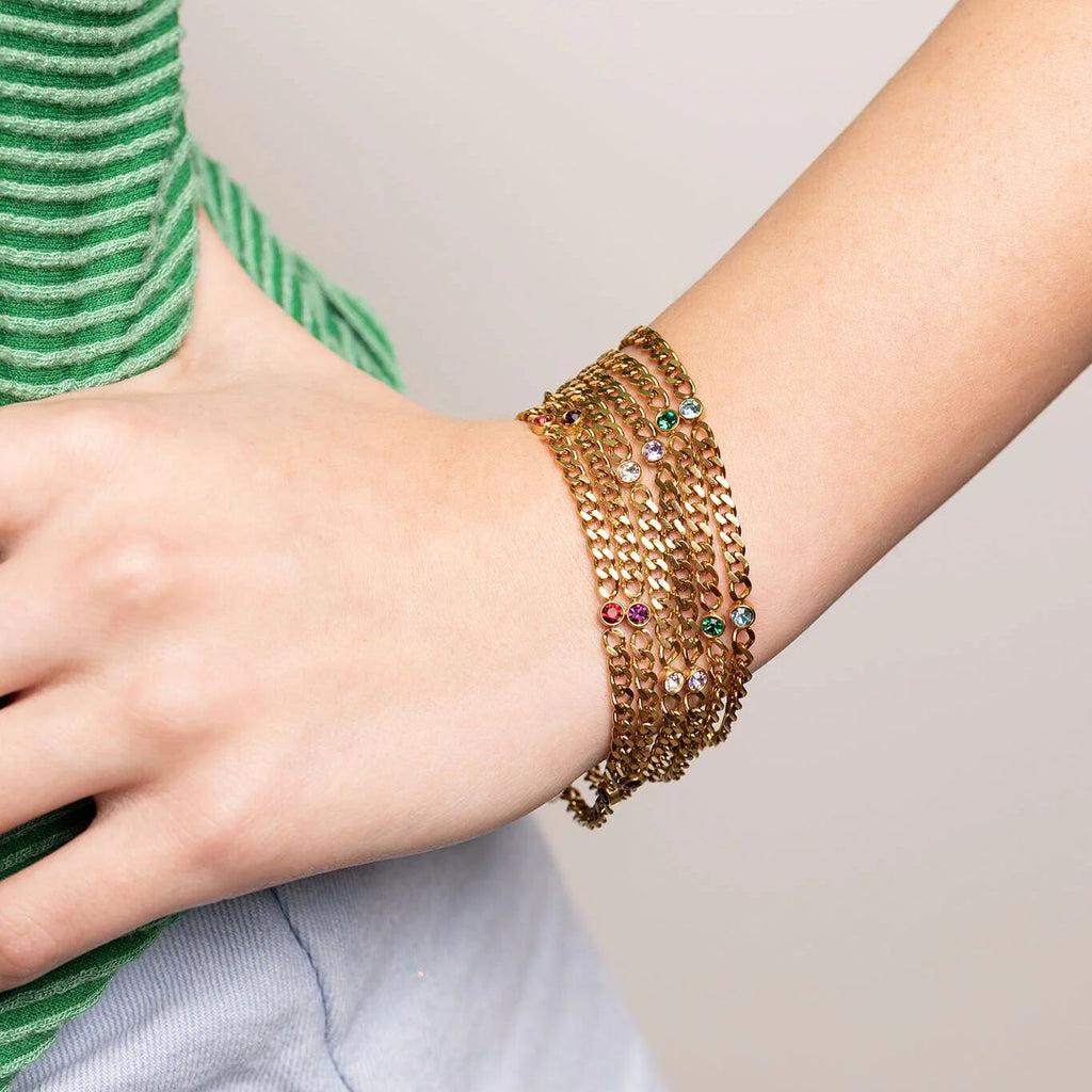 18K Gold Birthstone Bracelet – Adjustable PVD Coated Station Jewelry Gift