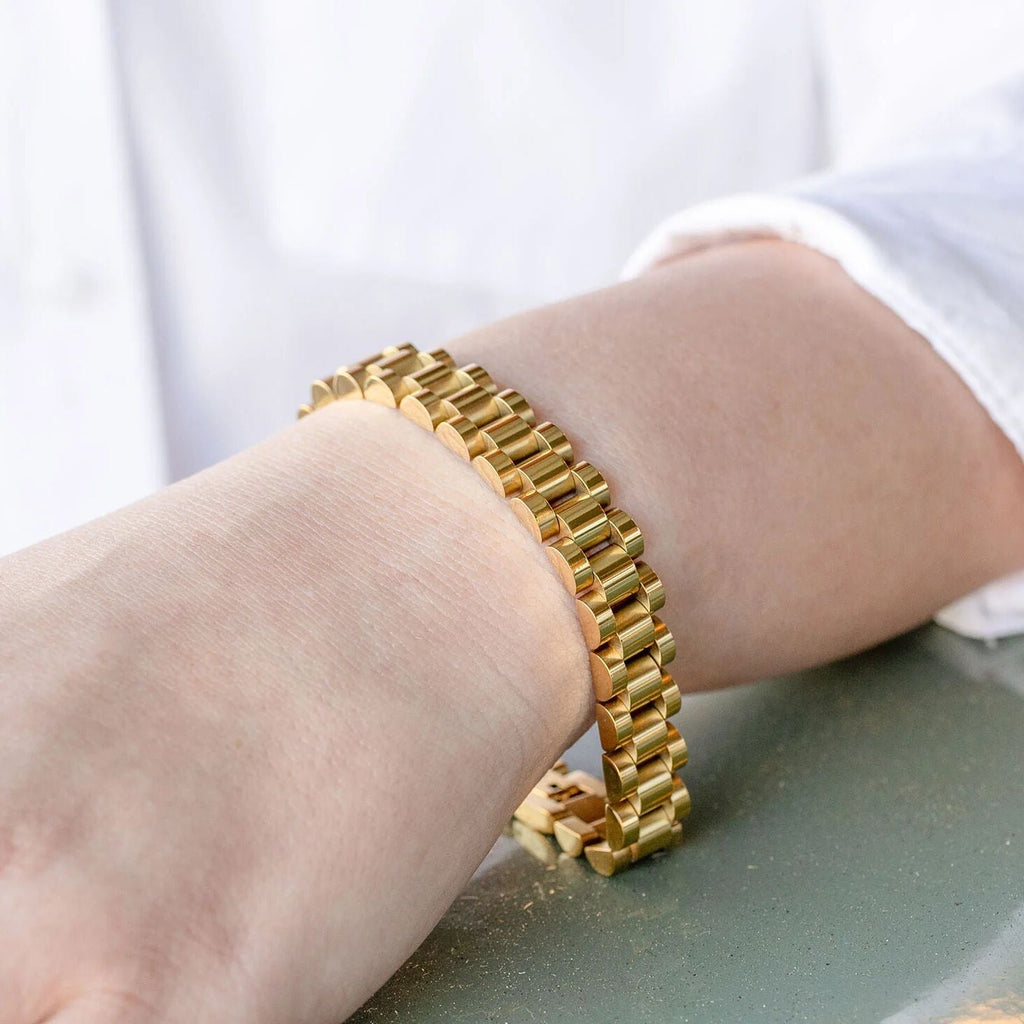 18K Gold Watch Band – Adjustable Stainless Steel Bracelet With Polished Gold PVD Finish