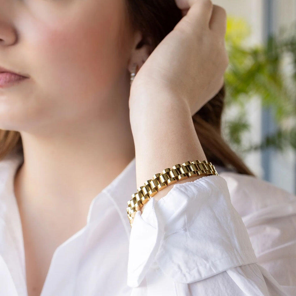 18K Gold Watch Band – Adjustable Stainless Steel Bracelet With Polished Gold PVD Finish
