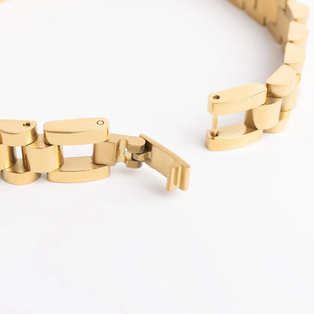 18K Gold Watch Band – Adjustable Stainless Steel Bracelet With Polished Gold PVD Finish