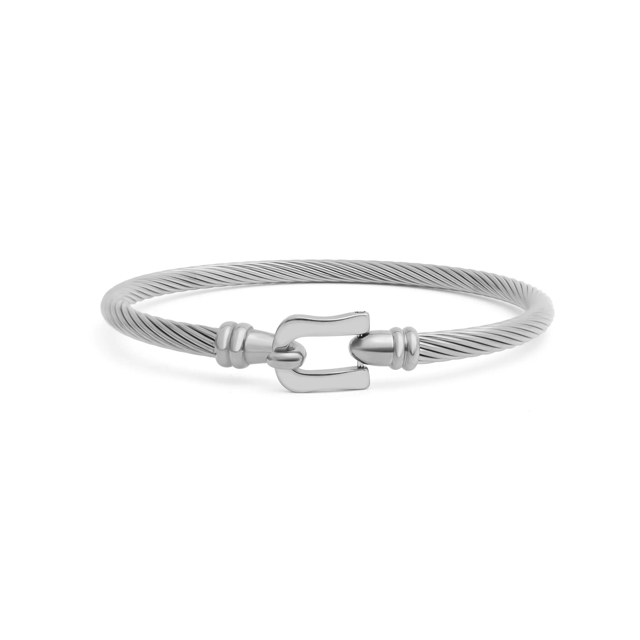 Silver bracelet with a buckle clasp on a white background