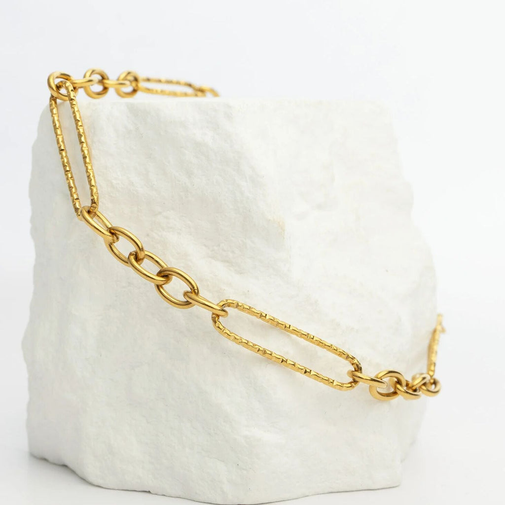 Gold Paperclip Bracelet - 18K PVD Stainless Steel Textured Chain With Long Links