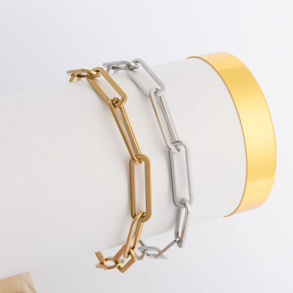 Gold Paperclip Bracelet – 18K Gold PVD Stainless Steel Long Chain, Hypoallergenic Jewelry