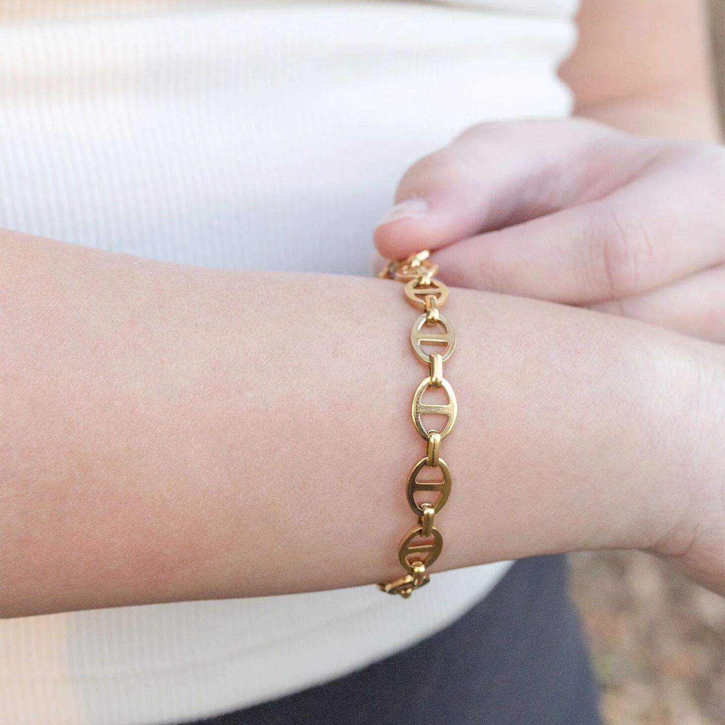 18K Gold Chain Bracelet – Thick Oval Link Stainless Steel, Adjustable Lobster Clasp